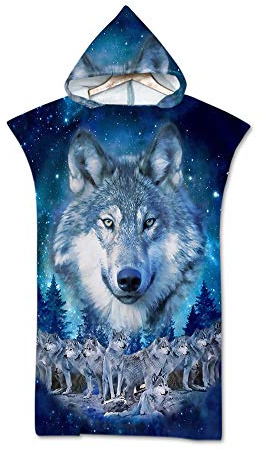 Treer Badeponcho Strand Poncho Strandtücher Handtuch, Poncho mit Kapuze Schnelltrockend 3D Bademantel Badetuch Duschtücher Für Umziehhilfe beim Wassersport (75x110cm,Wolf)