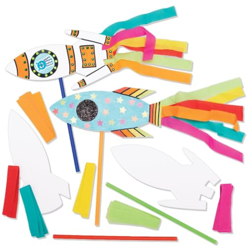 Baker Ross AX180 Rocket Wand Kits - Pack of 8, Card Templates, Streamers, Craft Wands, Assorted Designs