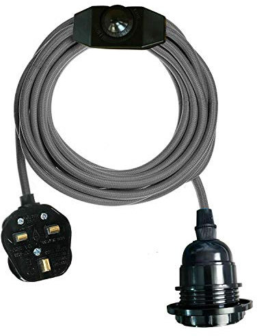 Pendant Light Ceiling Lighting Fitting, E27 Lamp Holder Suspended 4m Fabric cable Plug in Pendant with Dimmer Switch (Grey)