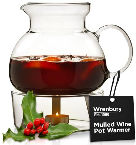 Wrenbury Mulled Wine Warmer Pot Set 1.5L Great for Punch and Cider - Heat Resistant Borosilicate Glass Mulled Wine Decanter Jug Urn - Warmer Stand Heater