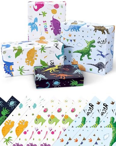 WERNNSAI Dinosaurier Geschenkpapier - Geschenkverpackung 10 Blatt 51 * 69cm beschichtetes Packpapier für Kinder Geburtstag Weihnachten Baby Shower Party Dekoration