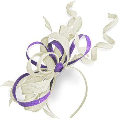 Caprilite Tocado de remolino mixto en diadema para boda, carreras Ascot a medida, sinamay para mujer (crema marfil y lila lavanda)