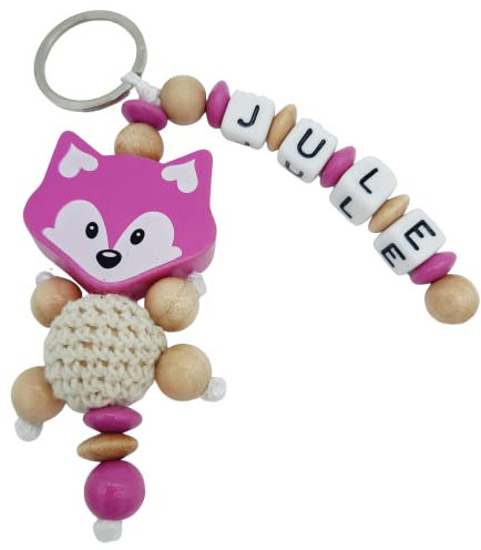 Schlüsselanhänger mit Namen personalisiert - 3D Fuchs mit Häkelperle - magenta Holz natur - Namensanhänger für Kinder Mädchen