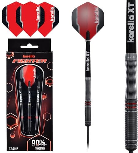 Karella Steeldart Figther 90% Tungsten Steeldart, 24g, für Klassische Dartscheibe, 3 Dartpfeile mit Metallspitze, Dartboard, Wolfram, Profidart mit Flight und Shaft