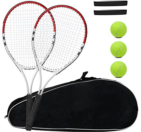 Tennisschläger, vorbespannt, leicht, 68.1 cm, Schläger, Freizeitschläger für Erwachsene, für Männer, Frauen, Tennis-Starter-Kit mit Bällen, Tragetasche und Übergriffen (rot/weiß – 2 Schläger)