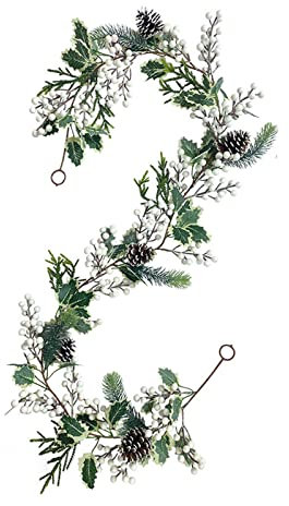 180 cm weiße Beeren Weihnachtsgirlande künstliche Beerengirlande mit Tannenzapfen und Stechpalmenblättern, Wintergrüngirlande für Weihnachten, Kaminsims, Kamin, Urlaubsdekoration