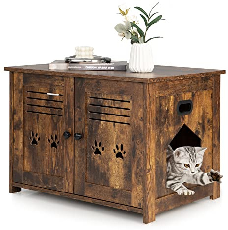 GYMAX Katzenhaus tragbar, Katzenschrank mit 2 magnetischen Türen, wasserdichtes Indoor Katzentoilette mit beidseitigem Eingang, Katzenklo Schrank, Haustierbox für Katzen, Braun