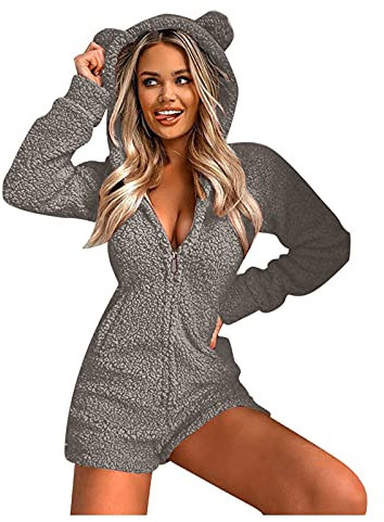 Generic Damen Jumpsuit Onesie,Jumpsuit Damen Kuschelig Teddy Fleece Einteiler Plüsch Damen Onesie Overall Lang Pyjama Hausanzug Flauschig Schlafanzug Weich Warm Loungewear Warm Schlafoveralls