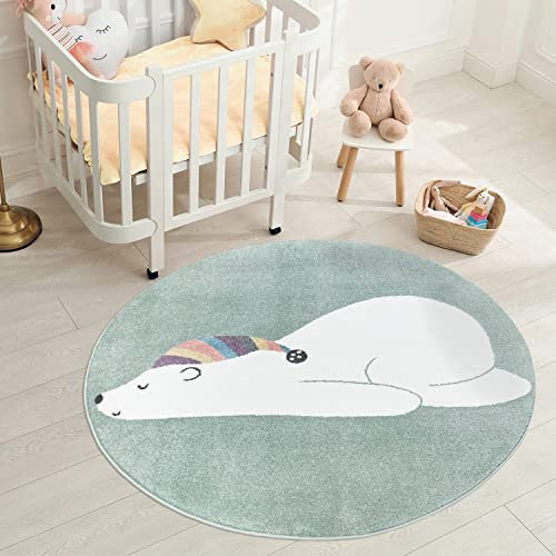 carpet city Teppich Kinderzimmer Tier-Motiv - Mint-Grün - 160 cm Rund - Kinderteppich Kurzflor Bär mit Schlafmütze - Weicher Flor