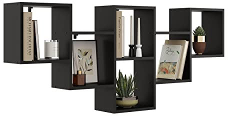 KUBUTKU Dekorativ Wandregal mit 6 Böden 160x66x18 Design Skandinavischer Modern für Wohnzimmer Küche Büro Schlafzimmer Badezimmer Hängeregal Bücherregal (Schwarz)