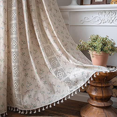 Lanqinglv Beige Vorhänge Boho Blickdicht Blumen Spitze Gardinen mit Quaste Baumwolle Leinen Landhausstil Häkeln Stricken Gardinen Vorhang für Küche Wohnzimmer Schlafzimmer,1 Stück,B150xH220cm