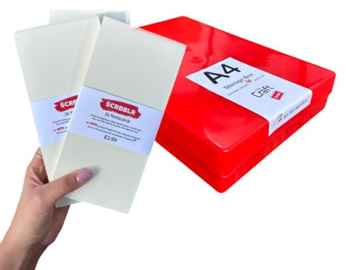 THE CRAFT OUTLET Red Opaque A4 Plastic Craft Storage Box with Lid Plus 75 Notecards for Organising and Storing Paper and Card, Hobby Supplies, etc – 1.3 Litre Volume