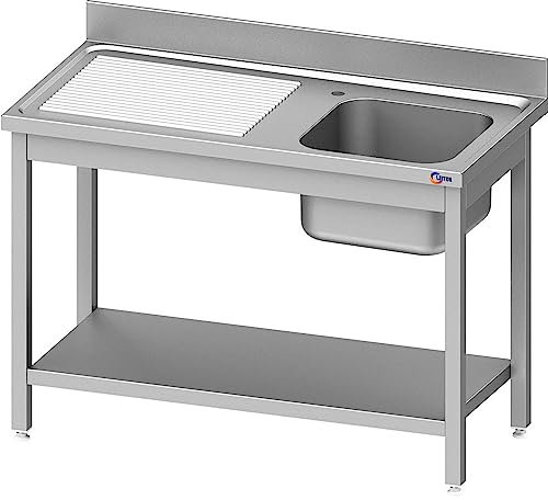 Cleiton® Fregadero de Acero Inoxidable de 1 Seno con Escurridor Izquierda 1400x600x850 mm Desmontable | Pica Industrial con patas | Pila Lavadero