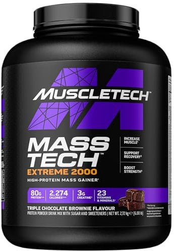 MuscleTech Extreme 2000 Mass-Gainer Proteinpulver, Muscle-Builder Molkenproteinpulver, Protein, Kreatin, Kohlenhydrate, Max-Protein Gewichtszunahme für Frauen und Männer, Dreifach-Schoko-Brownie, 6lbs