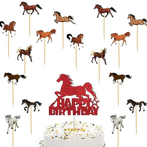 17 Stück Pferde Tortendeko Geburtstag Pferde Cupcake Toppers, Pferde Geburtstagsdeko für Geburtstagsfeiern zum Thema Pferderennen Kindergeburtstag Party Pferd Thema Party Deko