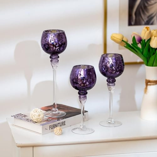 Romadedi Teelichthalter Kerzenständer Glas - Windlicht Kerzenhalter Deko Quecksilber 3er-Set 23,5/25,5/31,5 cm für Teelichter Votivkerzen Kerzen Hoch, Wohnzimmer Tischdeko Hochzeit