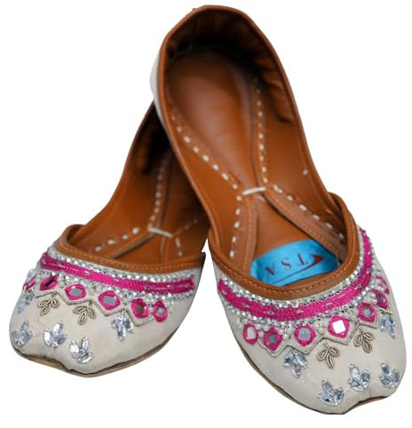 Women Ladies Traditional Embroidery Ethnic Bridal Handmade Leather White with Pink Mirror Flat Khussa Indian Pumps Slip On Shoes (4)