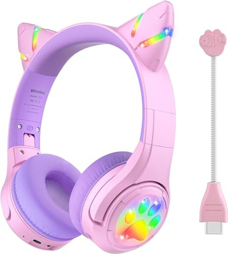 Riwbox Audífonos Bluetooth para niños, CF9, auriculares de oreja de gato con luz LED, micrófono Boom y micrófono integrado para llamadas, volumen limitado de 85 dB, auriculares inalámbricos y con