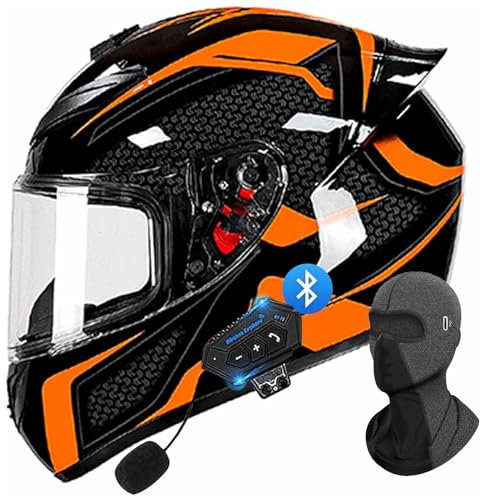 DXDRT Bluetooth Motorrad Helm Kreuzfahrt Full Face Integrierte Motorrad Helme Racing Street Bike Motocross Dual Sport Helm für Erwachsene Männer Frauen DOT/ECE Genehmigt,Orange,3XLarge