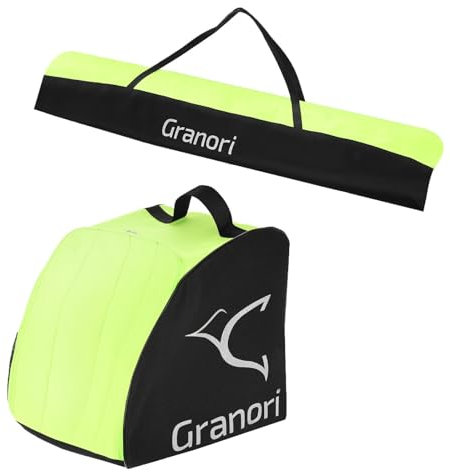 Granori Skitasche/Skisack + Skischuhtasche Kombi-Set mit Wasserablauflöcher für 1 Paar Skischuhe & Skier 160/170 / 180 cm (Neongelb-Schwarz, 170 cm)