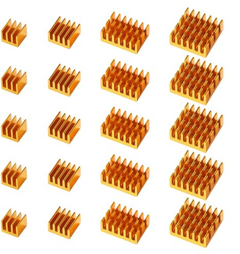 VooGenzek 20 Pezzi Alluminio Dissipatore di Calore Kit, Mini dissipatore di calore Circuito stampato, Dissipatore per Transistor, con Nastro Adesivo Termico, per Componenti Elettronici, D'oro