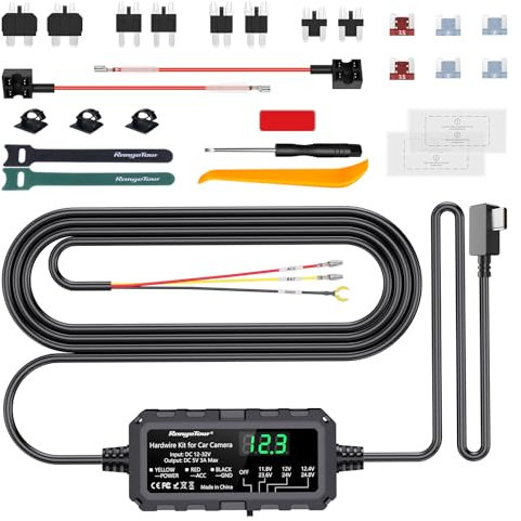 Range Tour Dash Cam Hardwire Kit USB-C mit LED-Bildschirm, 12V-32V to 5V 3A 4m/13ft Hardwire Kit Einstellbare Niederspannungsschutz 24H Parküberwachung Kabelsatz Kit mit Sicherung, 4 Typ Adapter