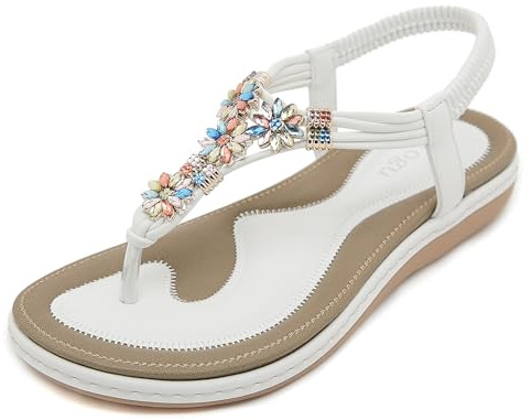 FOGOIN Sandales Femme Été Confortable Tong Mode Bohème Chaussures pour Plage Plate et Elégant,41 EU,Blanc