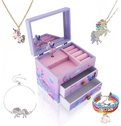 ZOOWING Girls Musical Jewelry Box Toys Gifts with Full Size Mirror and Unicorn Jewelry Set (A-Unicorn9)