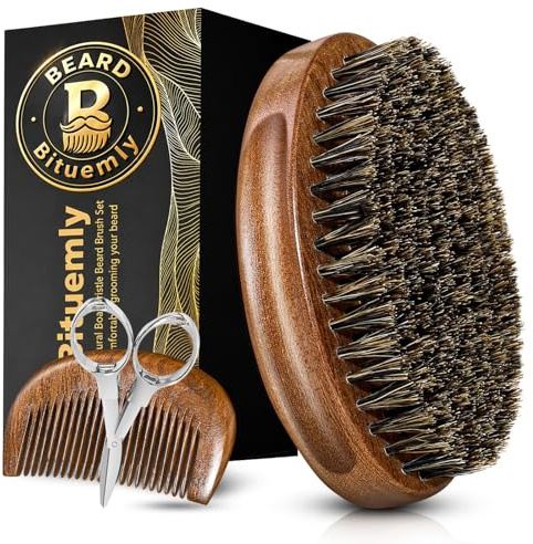Bituemly Beard Brush, Natural Boar Bristles Beard Brush for Men and Wooden Sandalwood Pocket Beard Comb Set, Facial Hair Grooming Kit with Mustache Scissors as a Styling Tool, Growth, Detangles, Shine