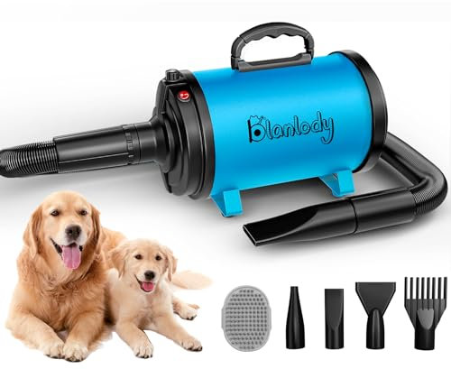 Blanlody Asciugacapelli per Cani Blower Molto Silenzioso, 4,5 CV/3200 W, velocità Regolabile, Ventilatore per la Cura del Cane con 4 Diversi ugelli, Tubo Elastico e Spazzola per la Cura