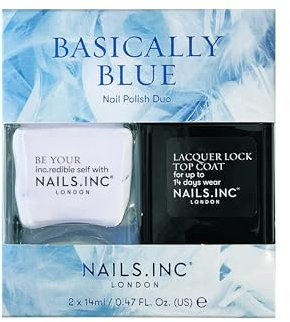 Nails Inc Basically Blue Nail Polish Duo, Top Coat, Fast Drying, Long Lasting, High Shine, Chip Resistant, Air Dry Manicure, Cruelty Free, Vegan, 2 Piece Set