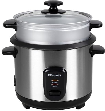 EMtronics EMRCCSTSS1-8 Rice Cooker 1.8 Litre with Automatic Cooking, Steamer Tray and Warmer Function with Removable Non-Stick Bowl, Measuring Cup and Spatula 700W - Stainless Steel
