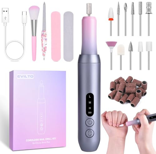 EVILTO Electric Nail Files Cordless, Professional Nail Drill LCD Display with 12 Bits 30000RPM Rechargeable Manicure Pedicure EFile for Gel Nail Polish Acrylic Nails Thick Toenails Removal, Grey Pink