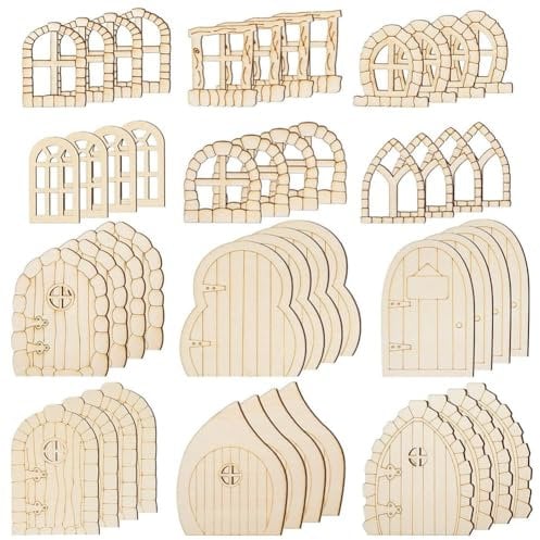 HOMEDEK 48 Pcs Fairy Door Wooden Craft Kit, Unpainted Miniature Garden Doors and Set for Fairy House Decoration