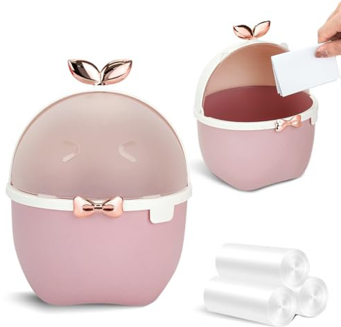 DIBALIYI Mini Desk Bin with Lid, Cute Bedroom Trash Can and 3 Rolls Bin Liners, Cartoon Animal Desktop Dustbin for Office Car Kitchen Bathroom, 19.5 * 15 * 15cm (Pink)