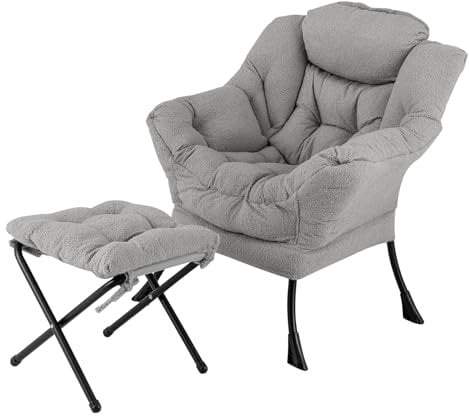 COSTWAY Sessel mit Hocker, Relaxsessel mit Armlehnen, Seitentasche & Fußstütze, Loungesessel, Fernsehsessel, gepolsterter Ohrensessel für Wohnzimmer, Schlafzimmer, Büro (Grau)