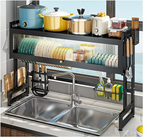 Geschirrabtropfer für die Küche Organizer mit staubdichter Abdeckung – 3-stufiges Lagerregal aus Stahl for Küchenthekenbedarf und Abtropfgestell(105cm)