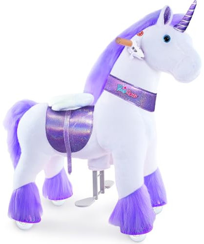 PonyCycle Einhorn mit Rollen, für Kinder 4–7 Jahre, 76cm Hoch, Reitpferd mit Rollen mit Handbremse und Klang, Plüsch Einhorn Reittier, Lila Einhorn Schaukeltier, Klassisches Modell U - Ux406