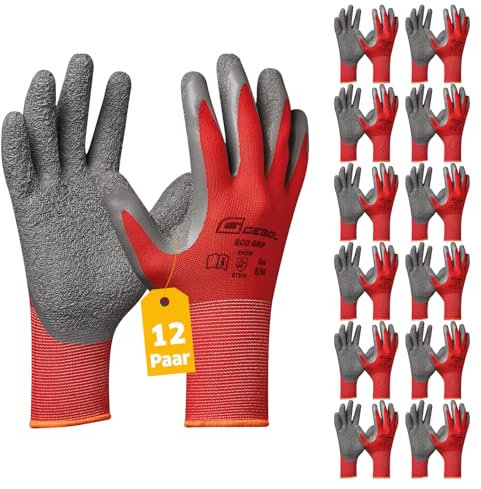 Gebol Eco Grip Guanti da lavoro per una presa sicura, guanti in lattice da uomo, taglia XL (Gr 10), rosso, confezione multipla da 12 paia