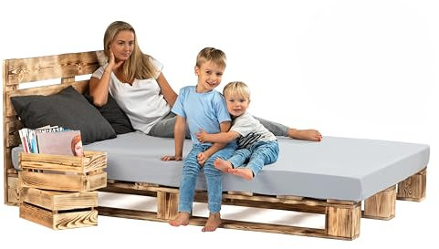 Lermowood Palettenbett M1 aus Holz 180 x 200 cm Geflammt mit Kopfteil Holzbett 20cm Stabiles Seniorenbett Kinderbett Jugendbett Gästebett erhöhtes Einzelbett Bettgestell Futon Komforthöhe Naturholz