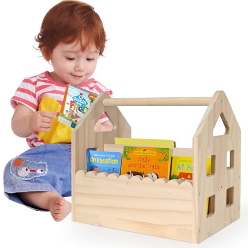 Whemyreat BüCherregal Kinder Kieferholz,NatüRliche Farbe Montessori BüCherregal Mit Griff 2 AblagefäChern,BüCherregal Klein, Kinderzimmerregal,Spielzeug-Organizer,29.5cm×30.5cm×20cm