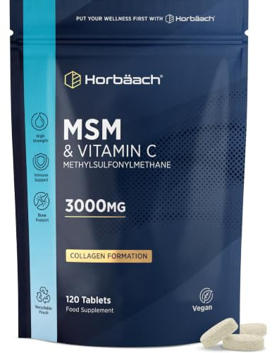 MSM Supplements 3000mg with Vitamin C | High Strength Methylsulfonylmethane MSM with VIT C | 120 Vegan Tablets (Not Capsules) | By Horbaach