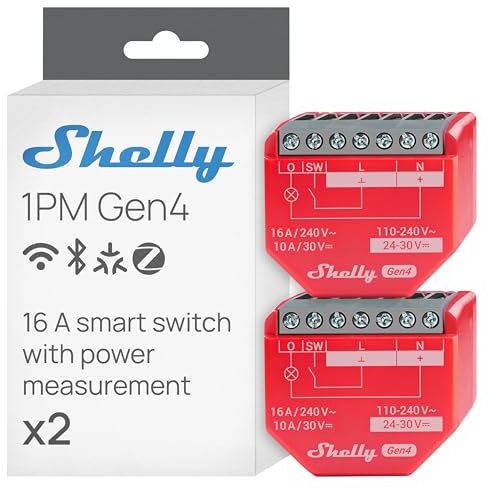 Shelly 1PM Gen4 - Interruptor de relé inteligente con wifi, 1 canal, 16 A, medición de potencia, domótica, no requiere hub, Alexa, Apple HomeKit y Google Home, Zigbee y Matter (2 unidades)