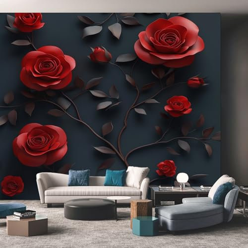3D Rose Wallpaper, Red Floral Wallpaper for Living Room, Bedroom, Non-Woven Decor Wall Paper, Photo Mural Dining Room, Hallway, Lounge, 150 X 105 cm Pui125