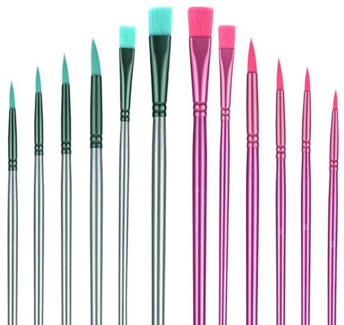 Heclia 12PCS Paint Brushes Set for Acrylic Painting Watercolour Painting Brushes Nylon Hair Brush Artist Paint Brush Set for Water Color Acrylic Oil Rock Miniature Detailing Drawing Art Supplies