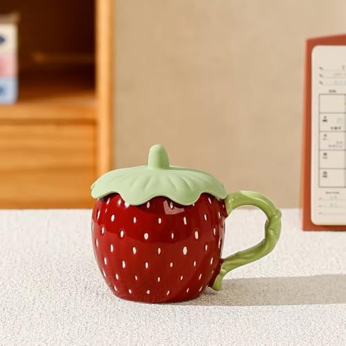 MAGICVOGEL Cute 3D Strawberry Coffee Mug with Silicone Lid 400 ml Porcelain Coffee Cup Milk Mug Beautiful Tea Cup Gift for Wife Girls Girlfriend Grandma (Dark Red)