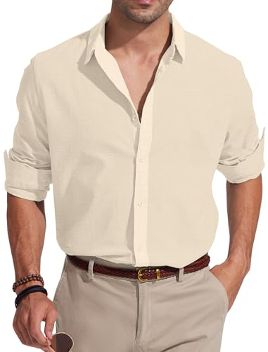 Friptspyg Chemise en Lin Hommes Manches Longues Coton en Lin Chemise D'été de Plage Regular Fit Chemises de Loisirs