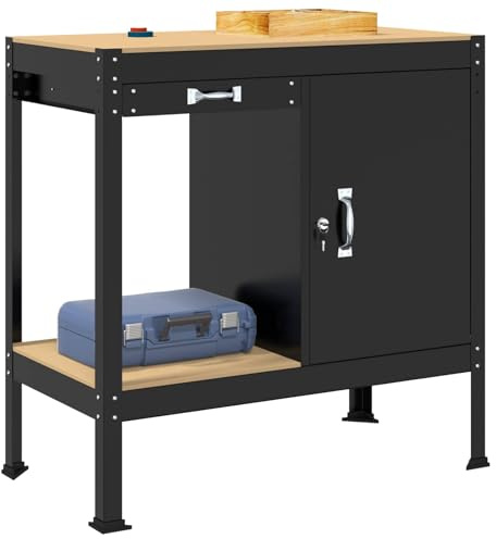 vidaXL Werkbank mit Regal Schwarz 90 x 49 x 91 cm Sperrholz und Metall | Holzwerkstoff und Metall für Stabilität, Geeignet für typische Garagen und Innenwerkstattumgebungen, Bietet praktischen