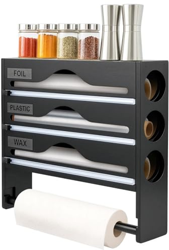 5-in-1 Bamboo Cling Film Dispenser with Cutter, Kitchen Wrap Organizer for 12/30cm Foil, Plastic Wrap & Parchment Paper, Kitchen Roll Storage with Top Shelf, Wall-Mount or Countertop (Black)