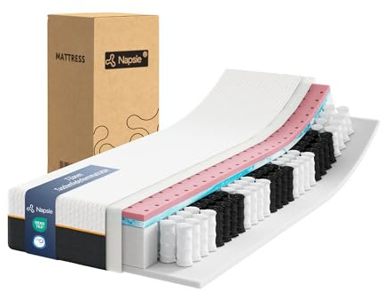 NAPSIE Taschenfederkernmatratze 180x200 cm 7-Zonen ergonomisch Matratze,Härtegrad H3,Mittelfest, 25 cm Höhe,Memoryschaum atmungsaktiv, Waschbarer Bezug,Oeko-TEX Standard 100 Zertifiziert